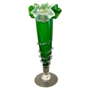 Vintage Emerald Green Ruffle Top Cased Glass Art Glass Footed Vase